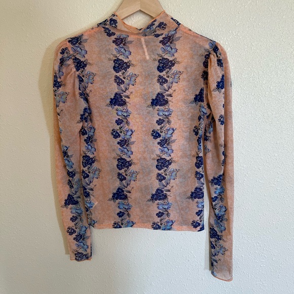 Free People Amber High Neck Sheer Top Orange Blue Floral Mesh Blouse Medium - Picture 2 of 4